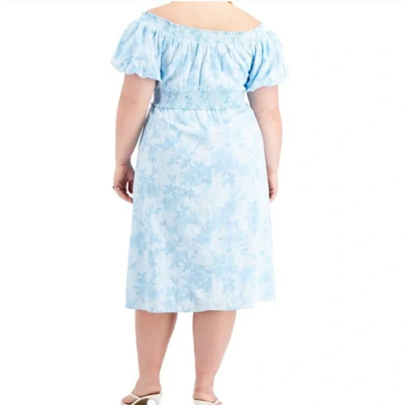 INC International Concepts Women's 4X Blue Puff Sleeves Floral Smocked Dress - Picture 2 of 12